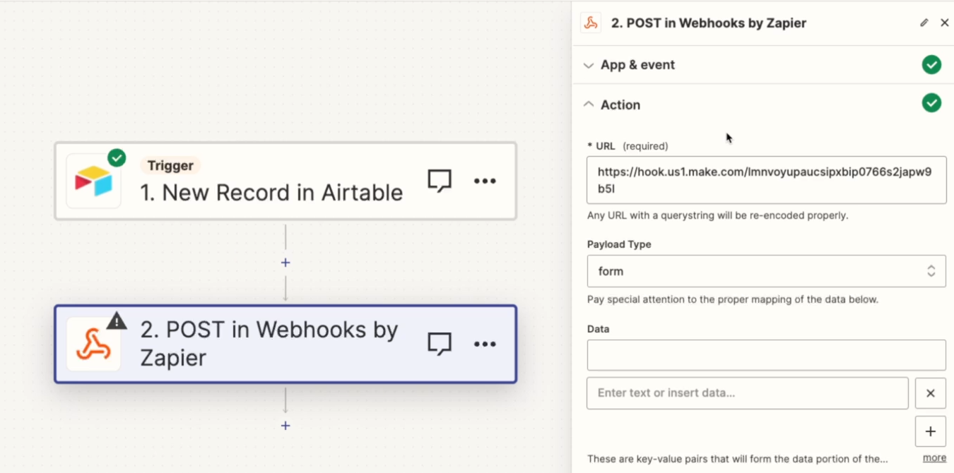 Paste the webhook URL into the Zapier Webhooks step