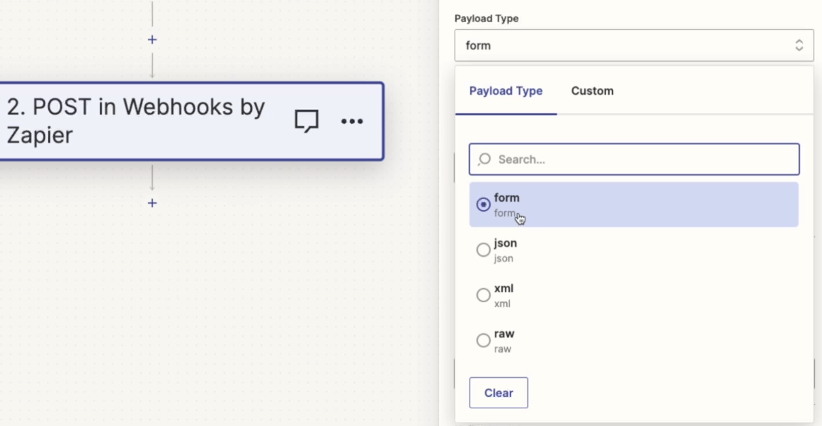 choosing "form" as the payload type in Zapier