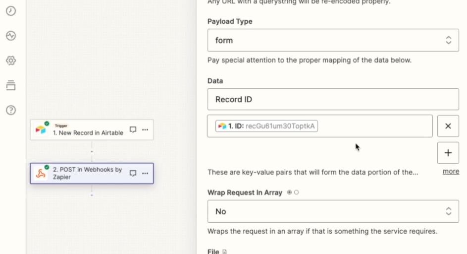 Removing all key-value pairs from the Zapier webhooks step and replacing them with one pair for Record ID