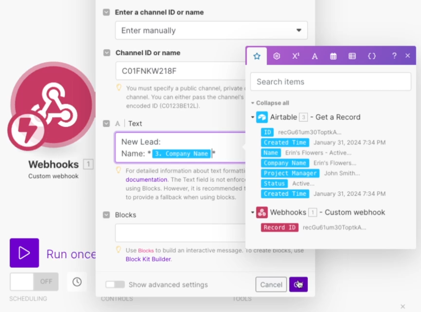 Configuring a "Send channel Message in Slack" module in make with data retrieved in the webhook trigger