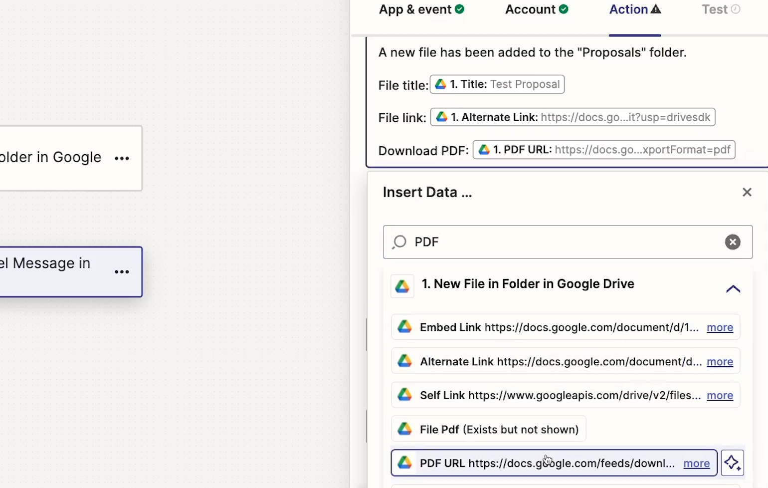 Inserting the Google Drive PDF URL into a Slack Message in Zapier