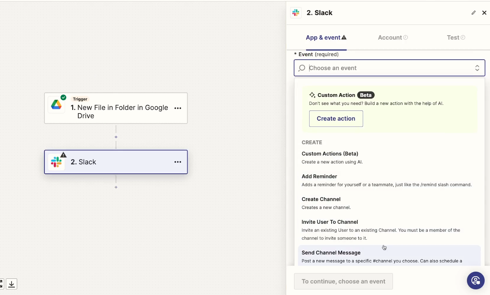 Choosing an event for an automated Slack action in Zapier