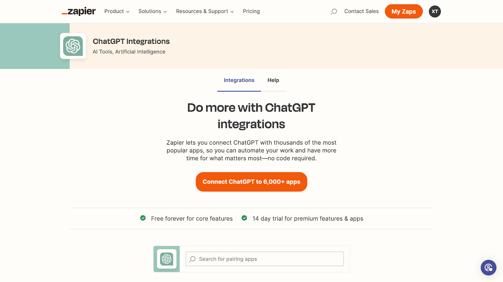 Zapier's ChatGPT integration page