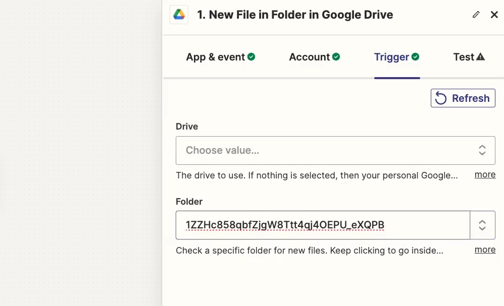 Pasting a Google Drive folder's ID into Zapier