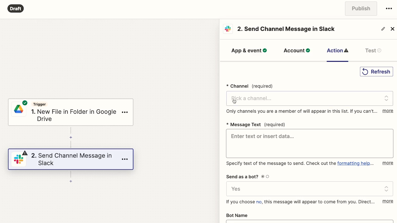 The required fields in a Zapier action, marked with an asterisk