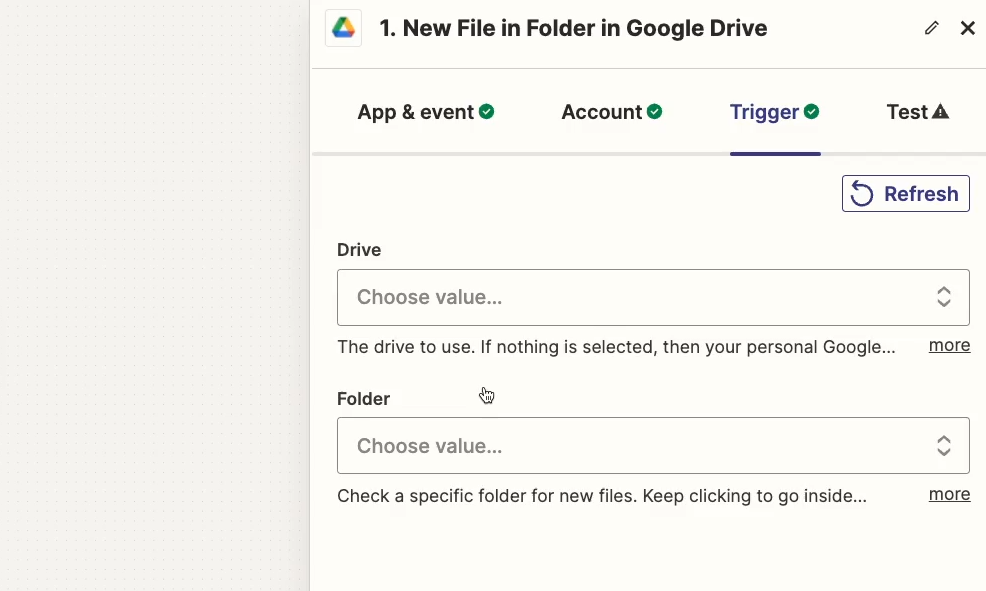 Configuration options for a Google Drive trigger in Zapier