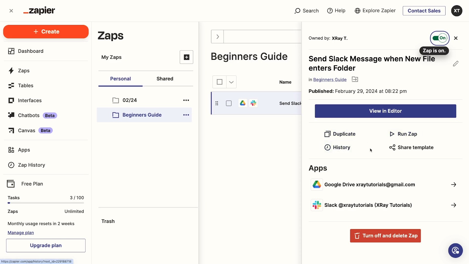 Options for managing Zaps 