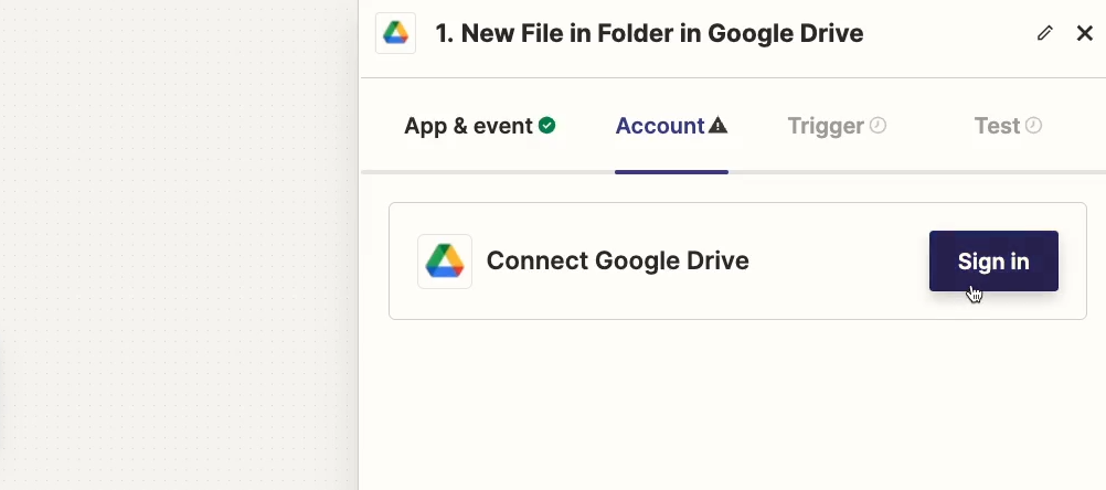 Signing in to Google Drive to authorize Zapier