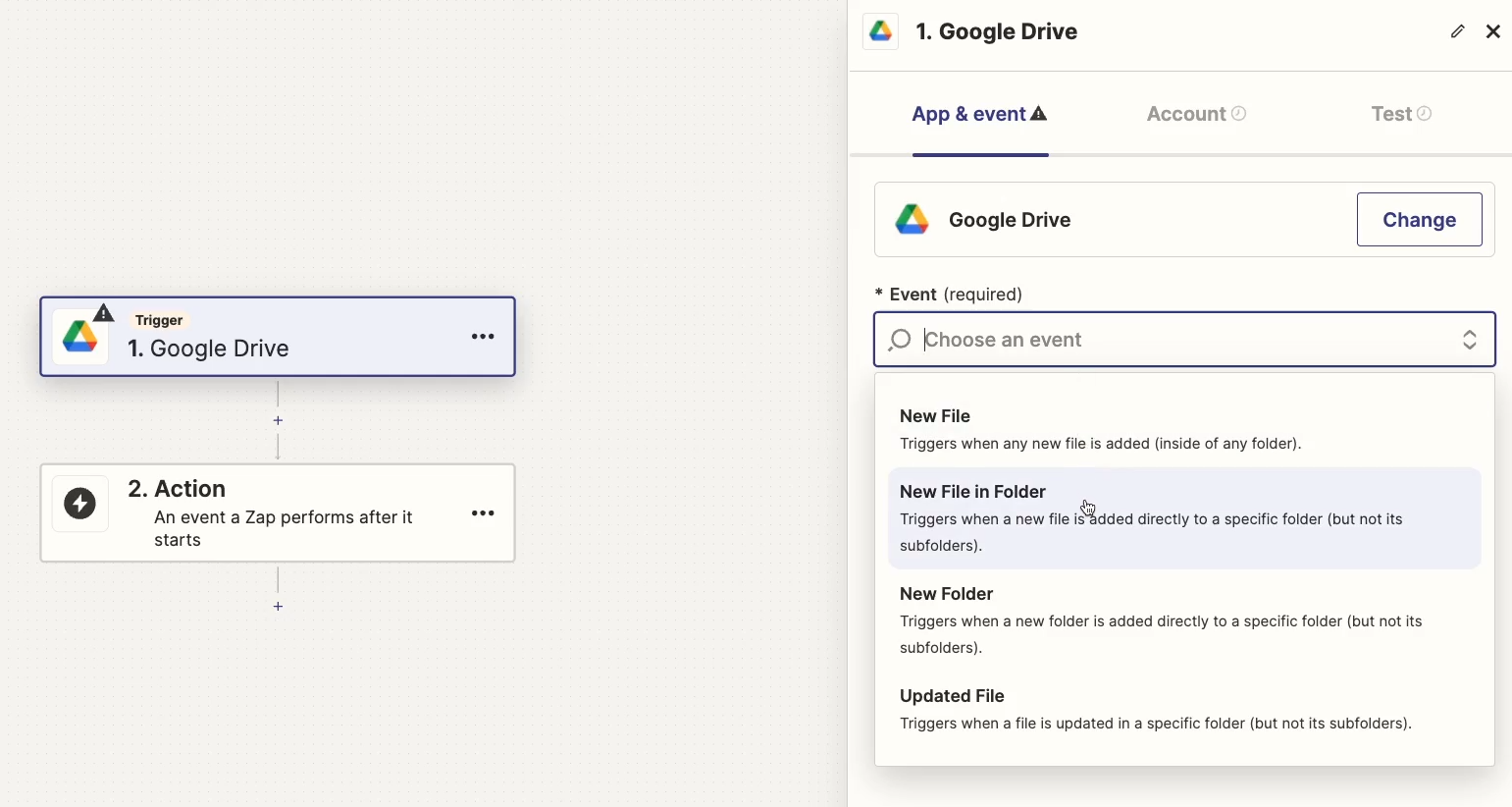 Choosing an event for a trigger in Zapier