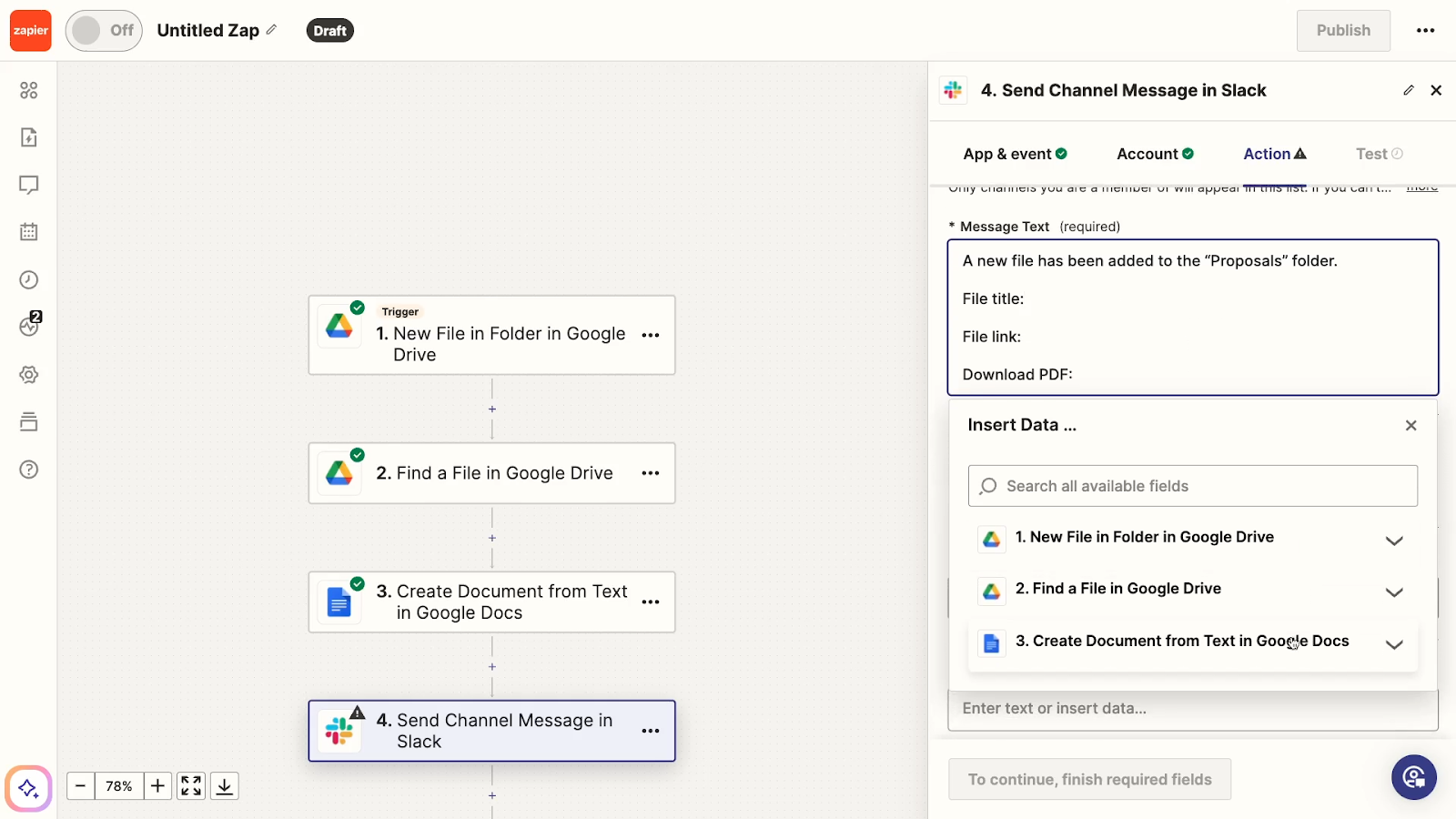 The "insert data" panel in a multi-step Zap