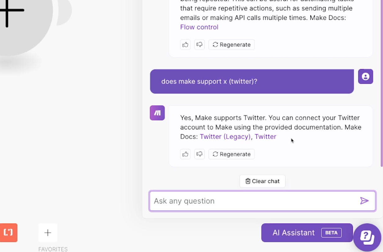 The Make AI Assistant's answer about Twitter support