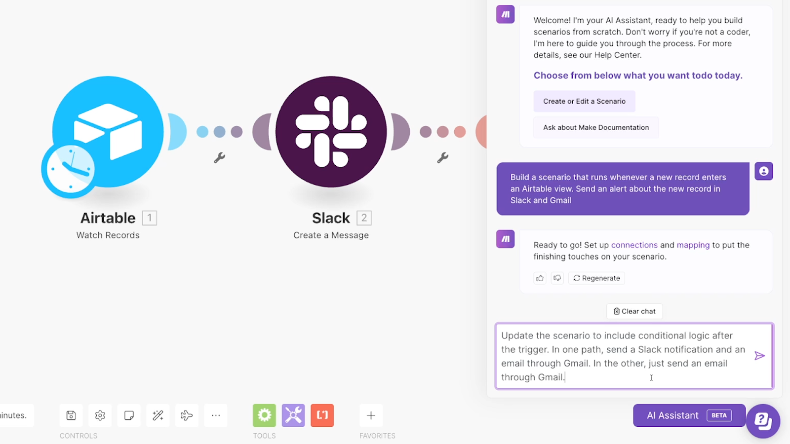 Sending a prompt with conditional logic to the Make AI Assistant