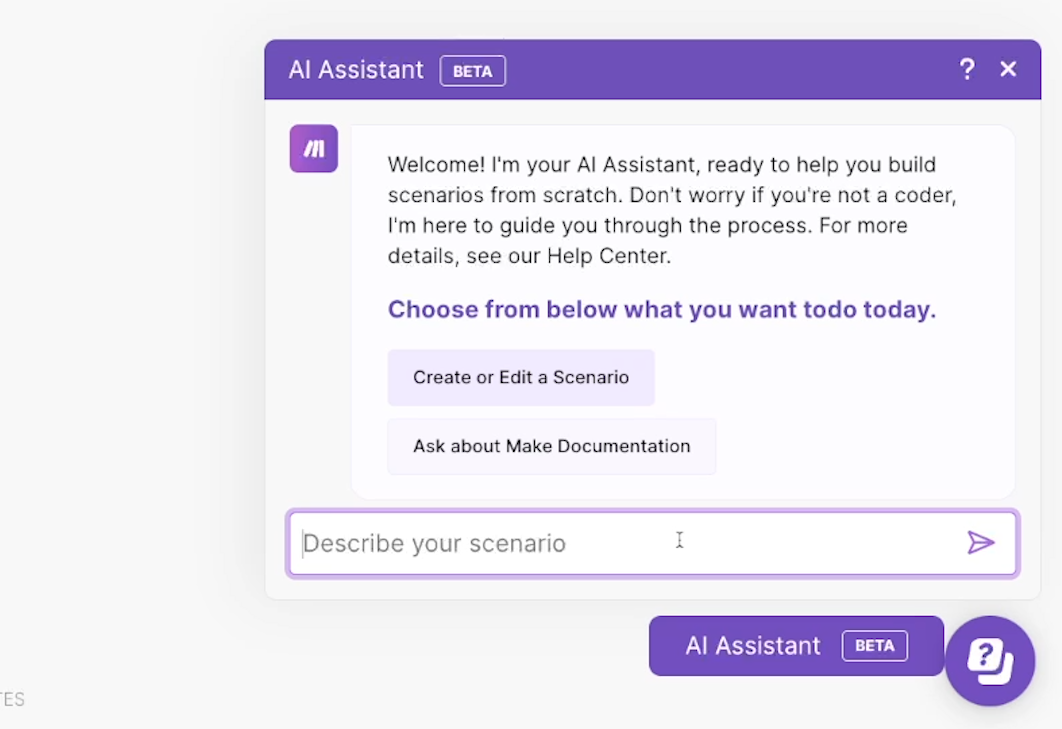 The Make AI assistant with "Create or Edit a Scenario" selected