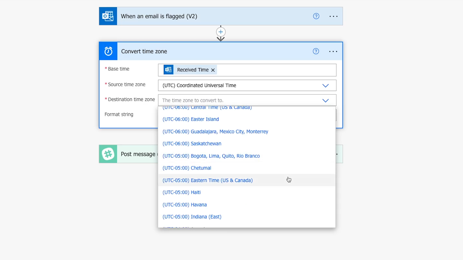 Choosing the destination time zone from a dropdown menu