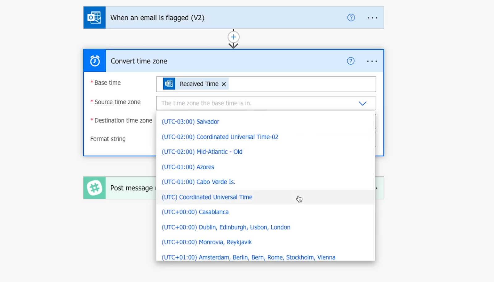 Selecting the source time zone with a dropdown menu