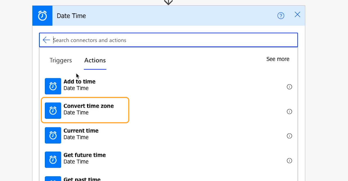 The Convert Time Zone action in the list of Date Time actions