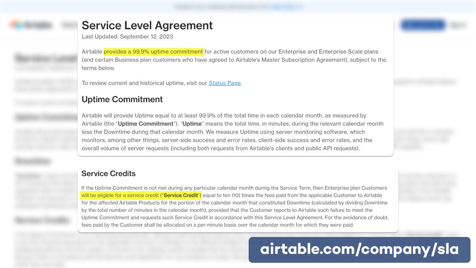 Airtable's Enterprise service level agreement (SLA)