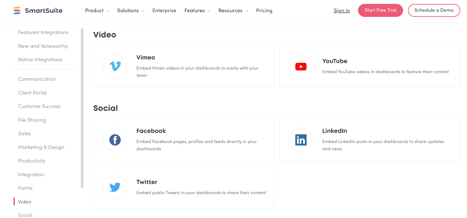 Video and social media integrations for SmartSuite