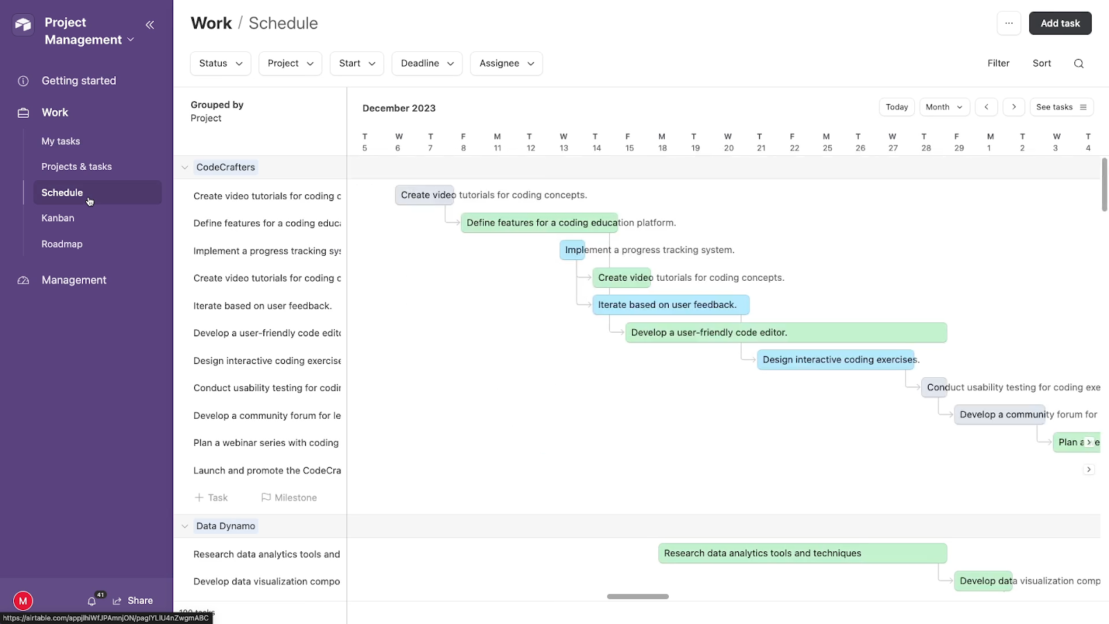 An interface with a timeline view in Airtable