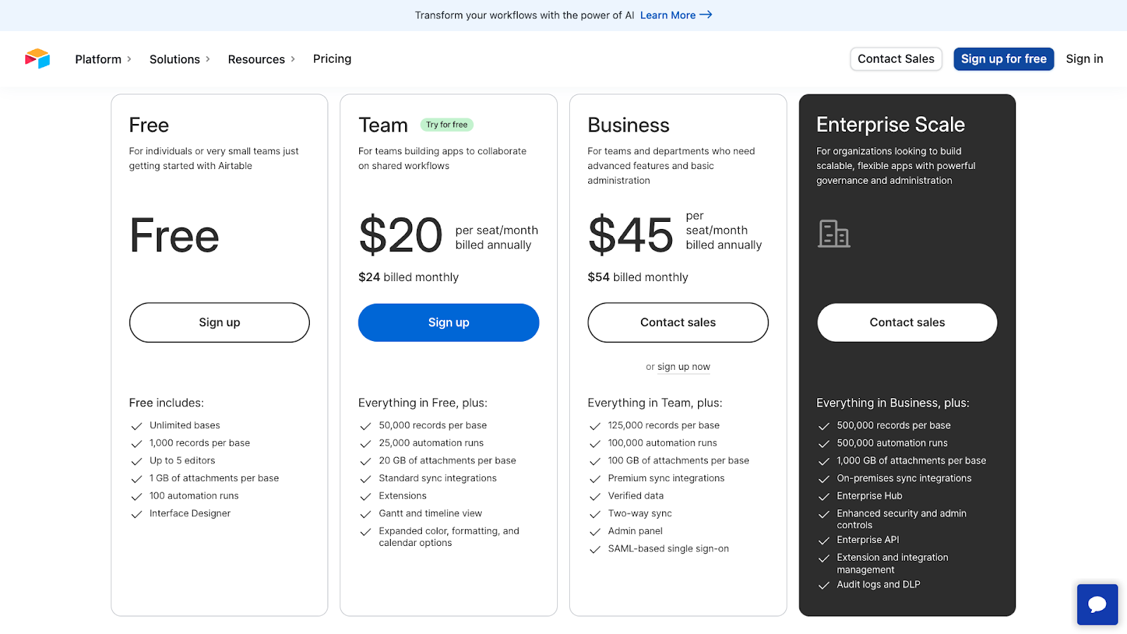 Airtable's pricing overview