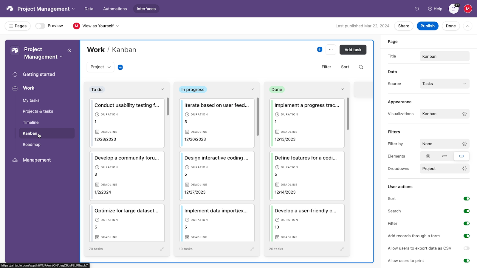 An Airtable interface with a kanban view