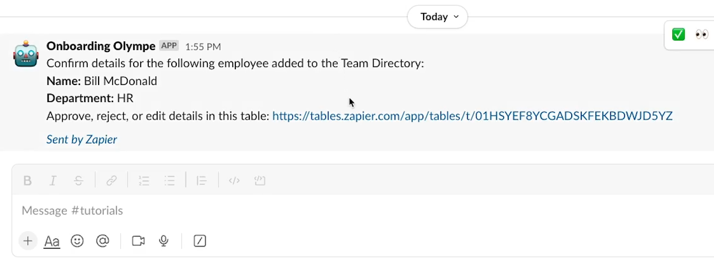 A Slack message sent by a Zapier automation