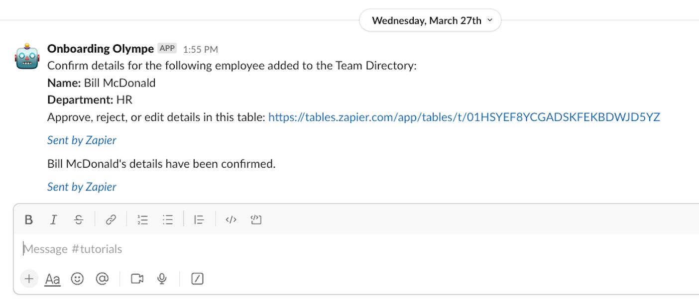 A Slack message sent by a Zapier automation