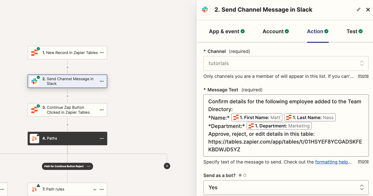 Configuring a Slack action before the Zap pauses