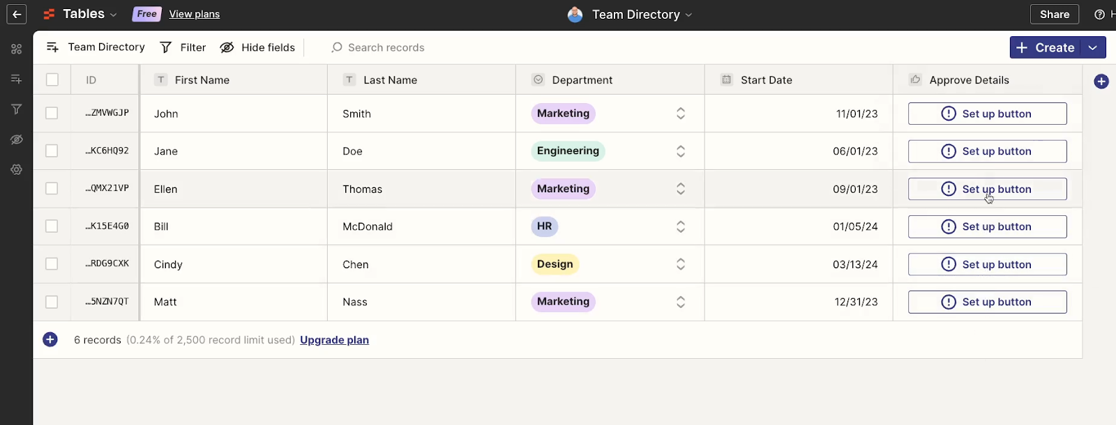 The "set up button" warning in a Zapier table