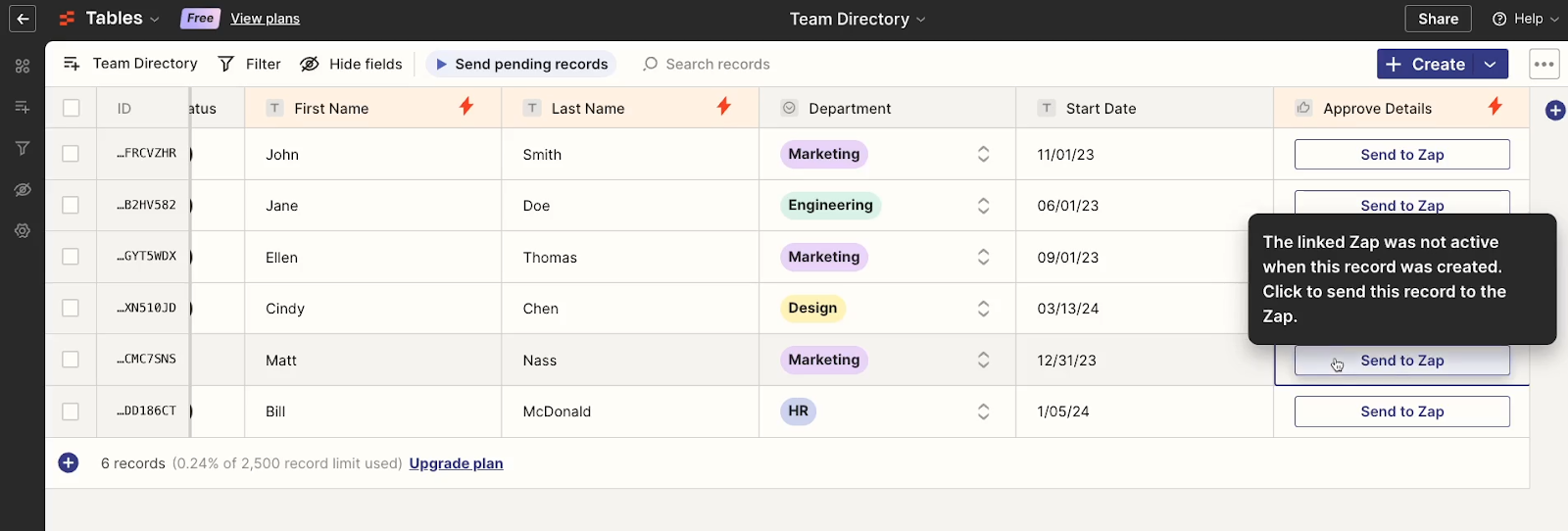 Selecting "Send to Zap" for existing records in the table