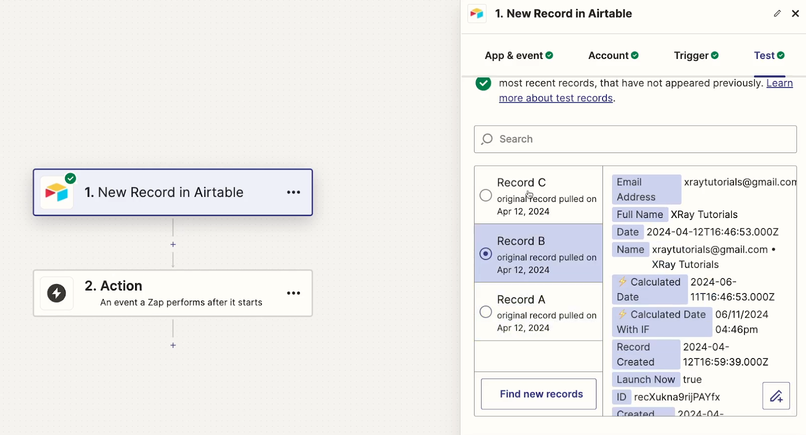 Test records retrieved by the Airtable trigger