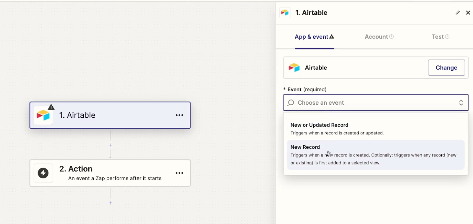 Adding a "New Record in Airtable" trigger to the second Zap