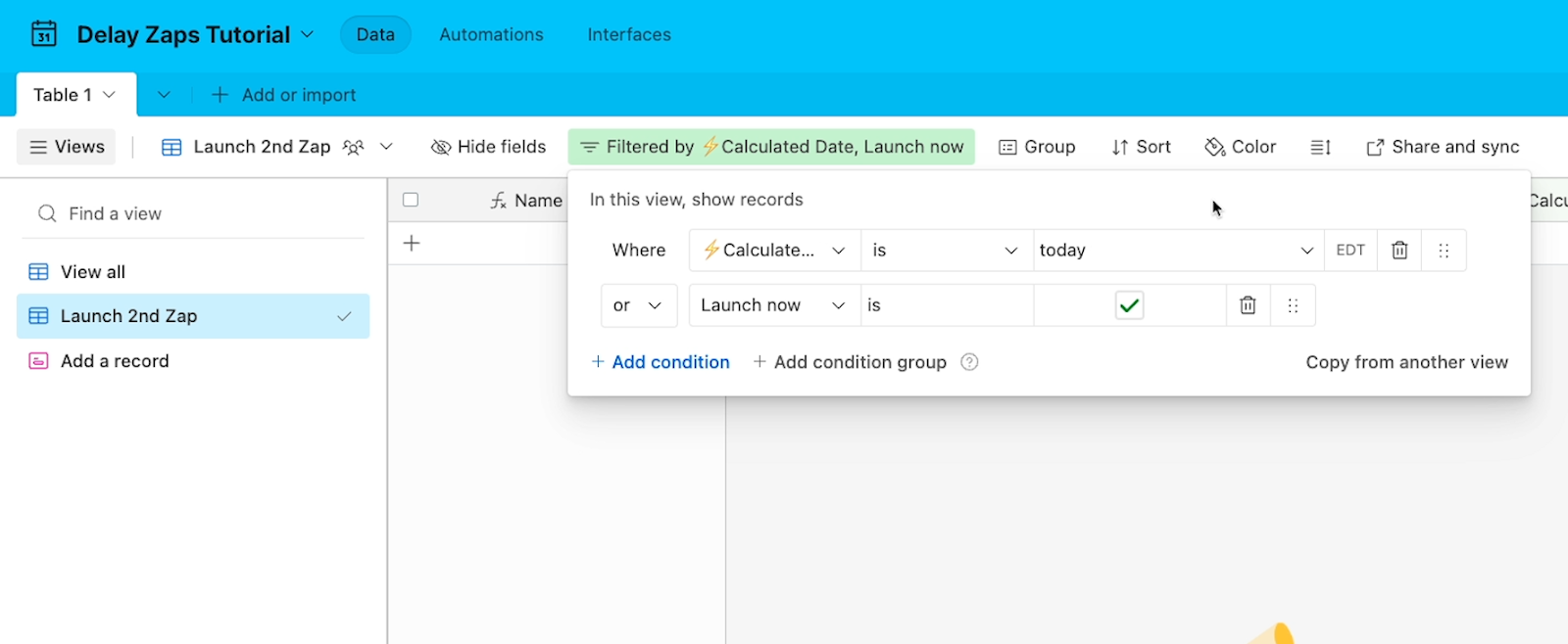 The filter for the "Launch 2nd Zap" view in XRay's Airtable template