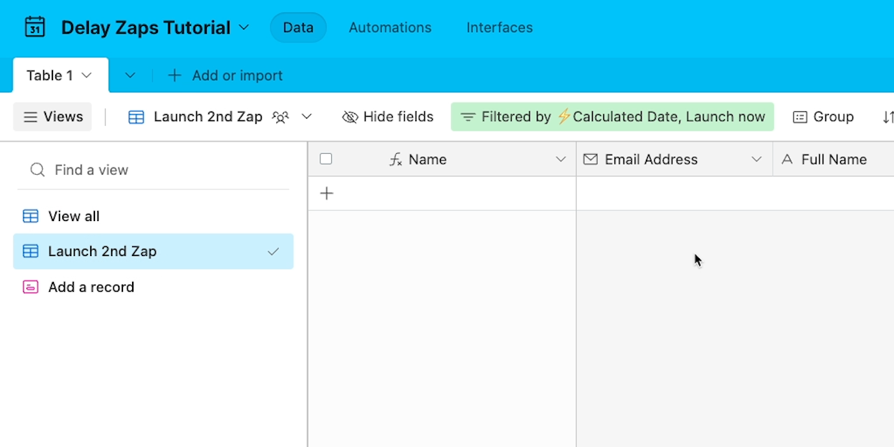 The "Launch 2nd Zap" view in XRay's Airtable template