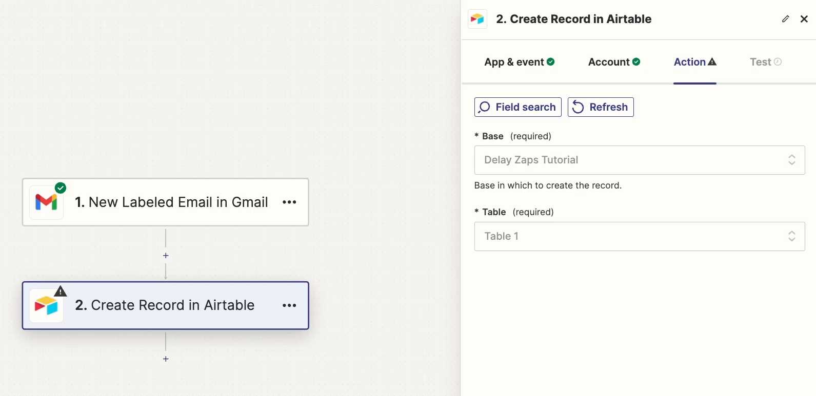 Choosing the correct Base and Table in the Airtable step