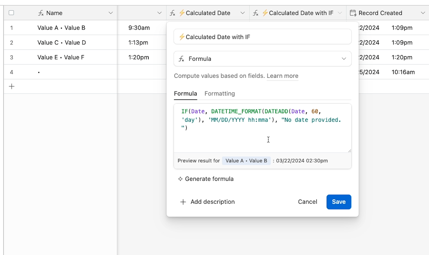 The "Calculated Date with IF" formula, which includes an alternative error message