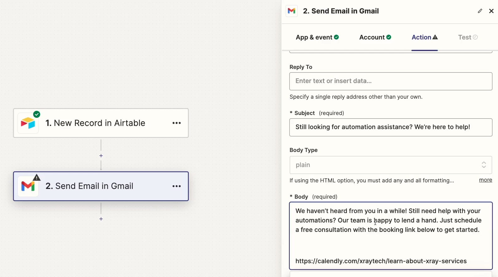 An optional "Send Email in Gmail" step added to the second Zap