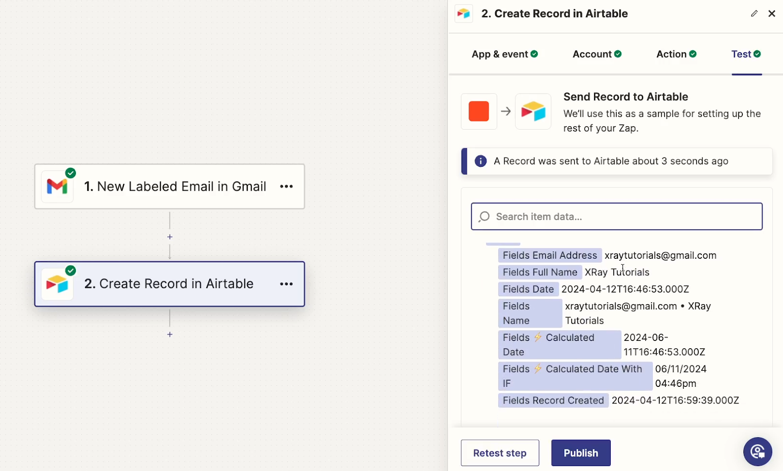 Test results for the "Create a Record" step