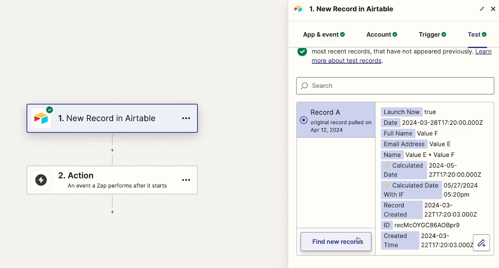 Testing the Airtable trigger in the second Zap