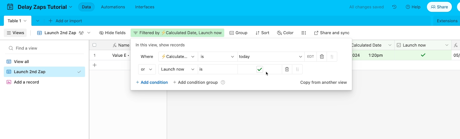 Filter conditions for the "Launch 2nd Zap" view in XRay's Airtable template