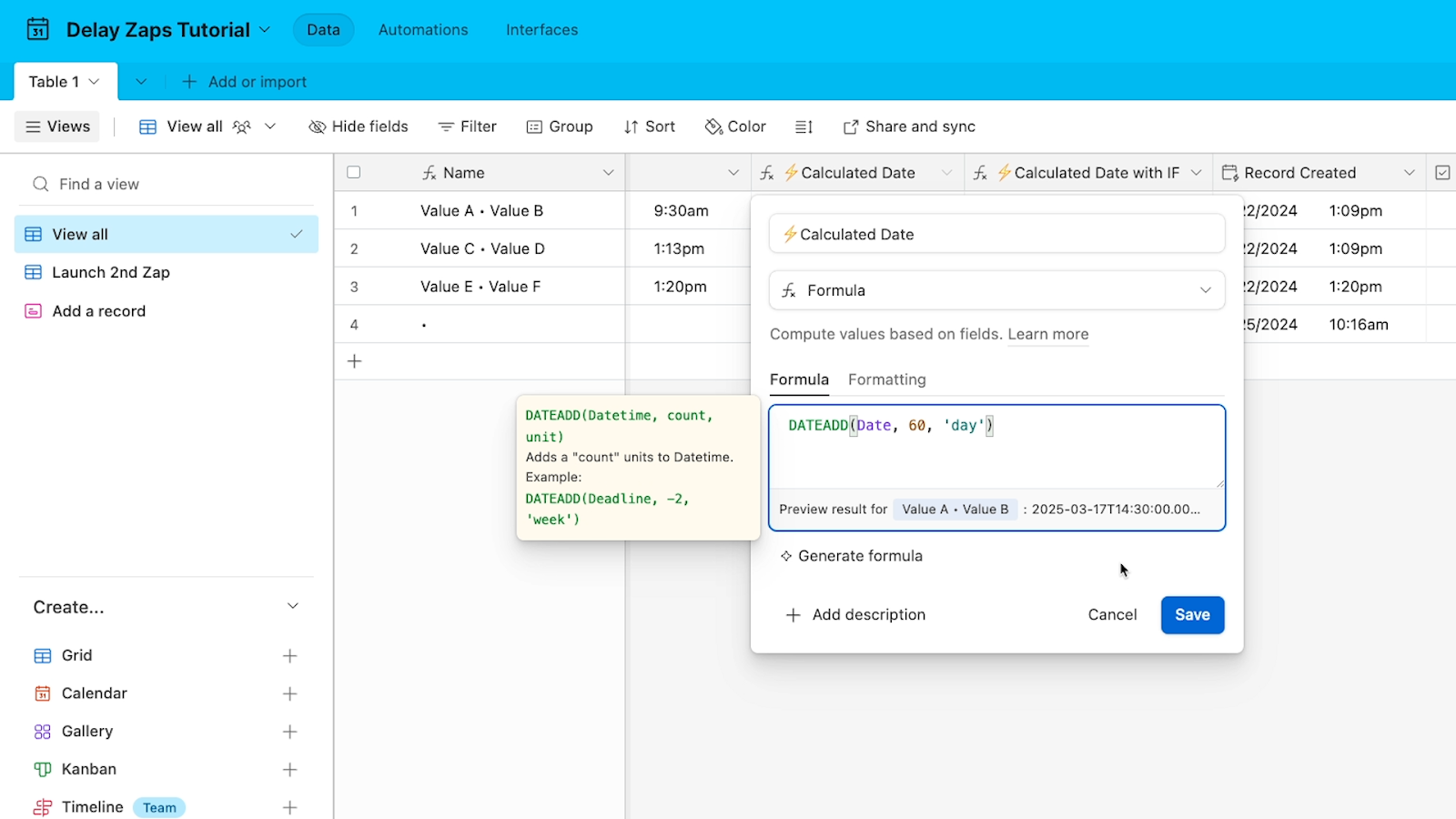 An Airtable formula for adding time to a date