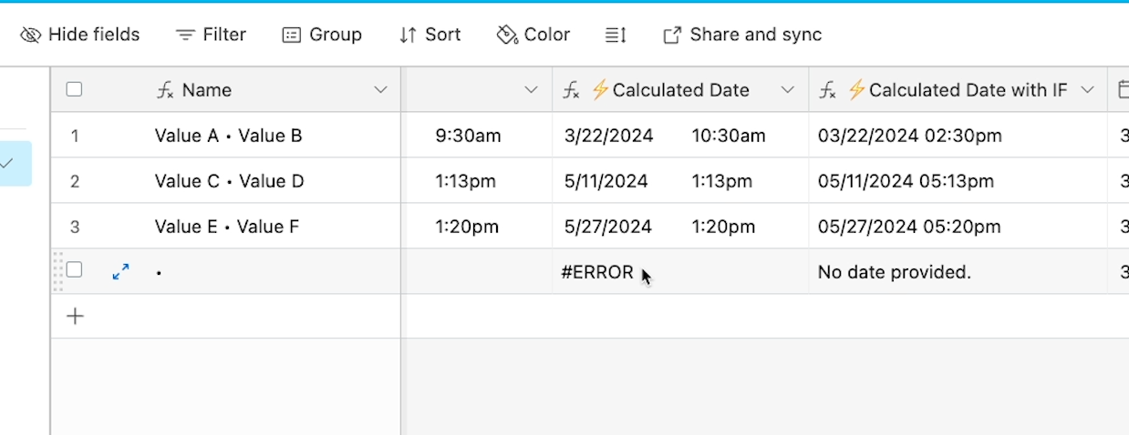 An error message in Airtable shown when a formula is missing a pa