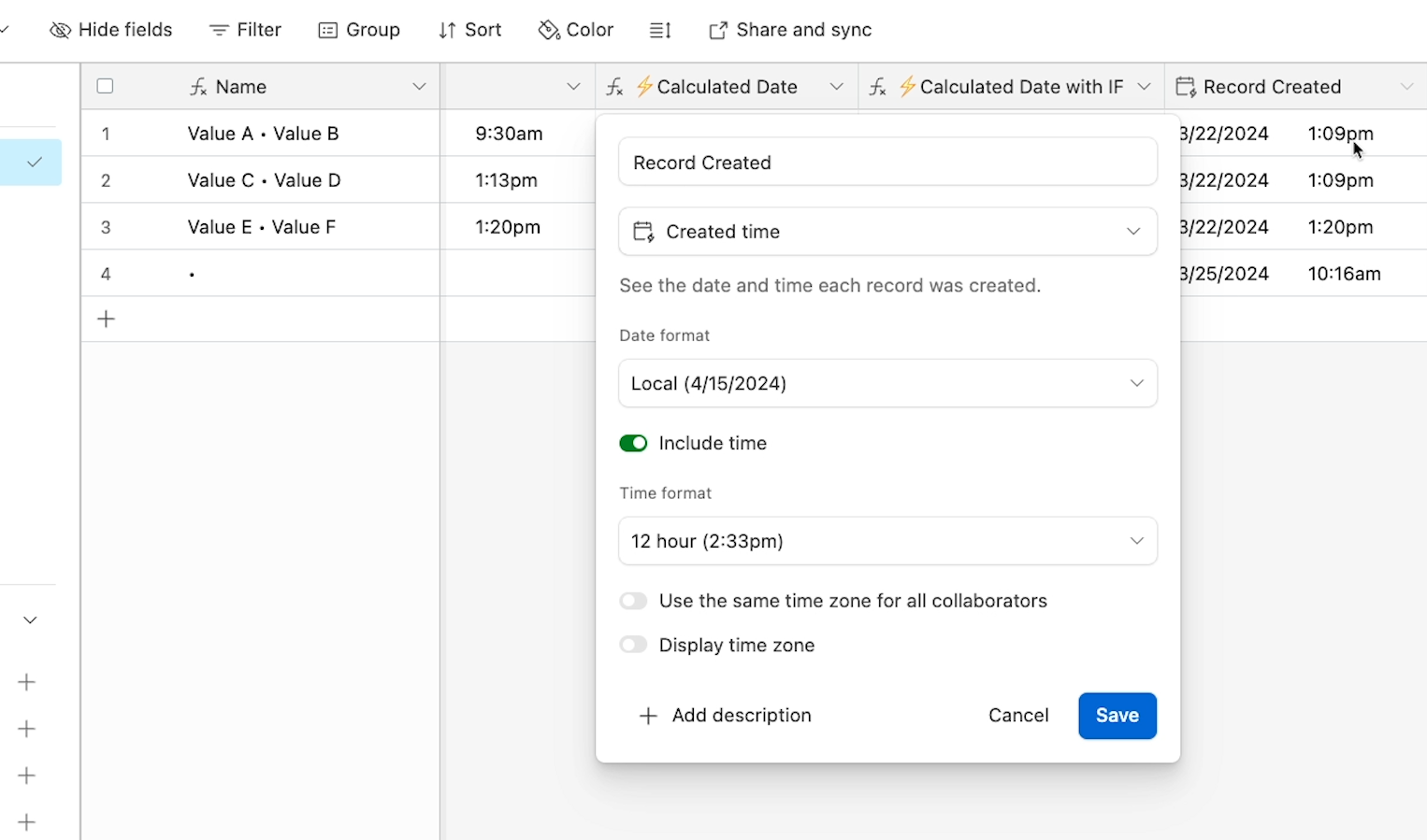 Configuration options for the Record Created field