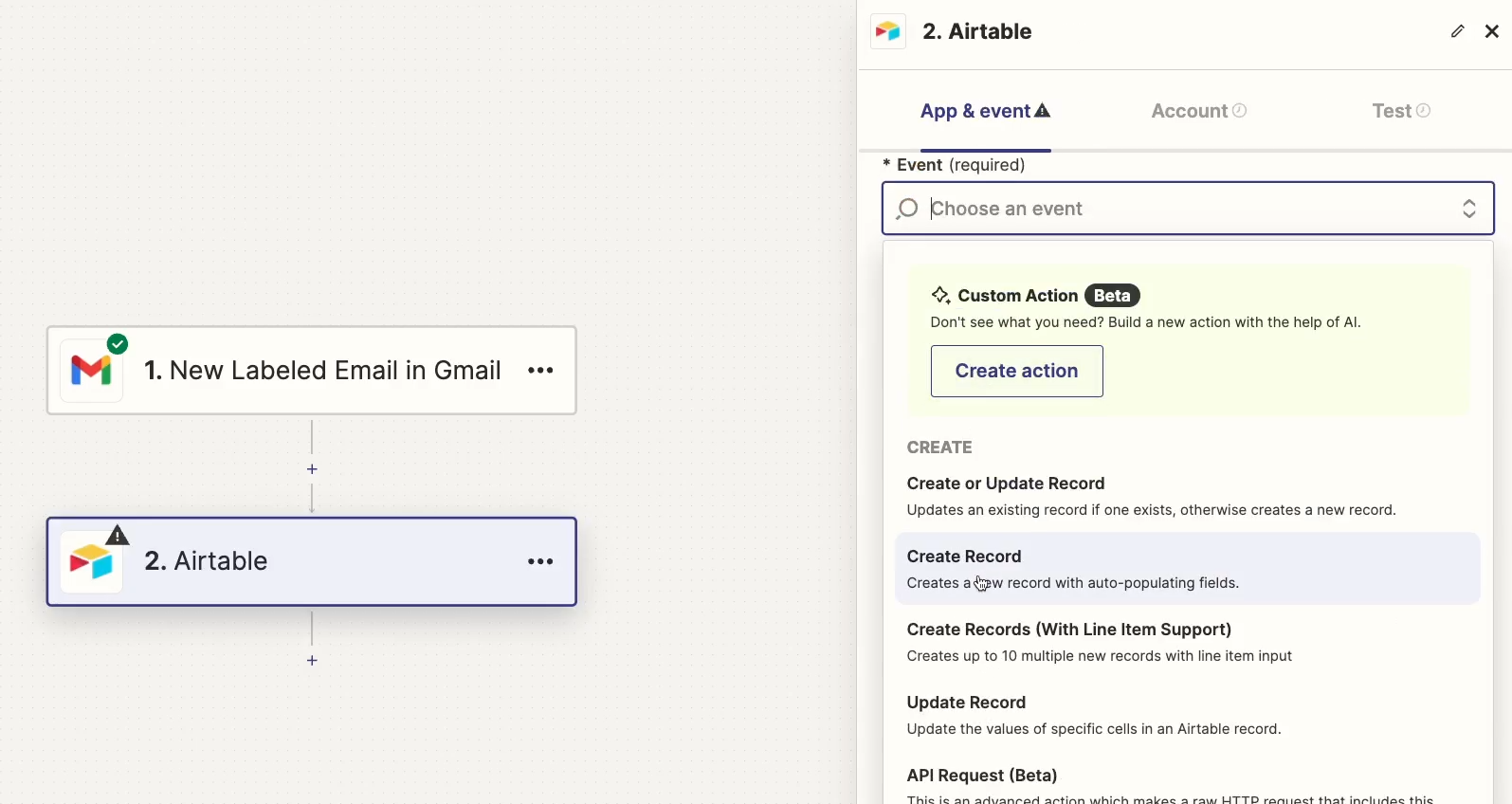 Adding a "Create Record" Airtable step to a Zap