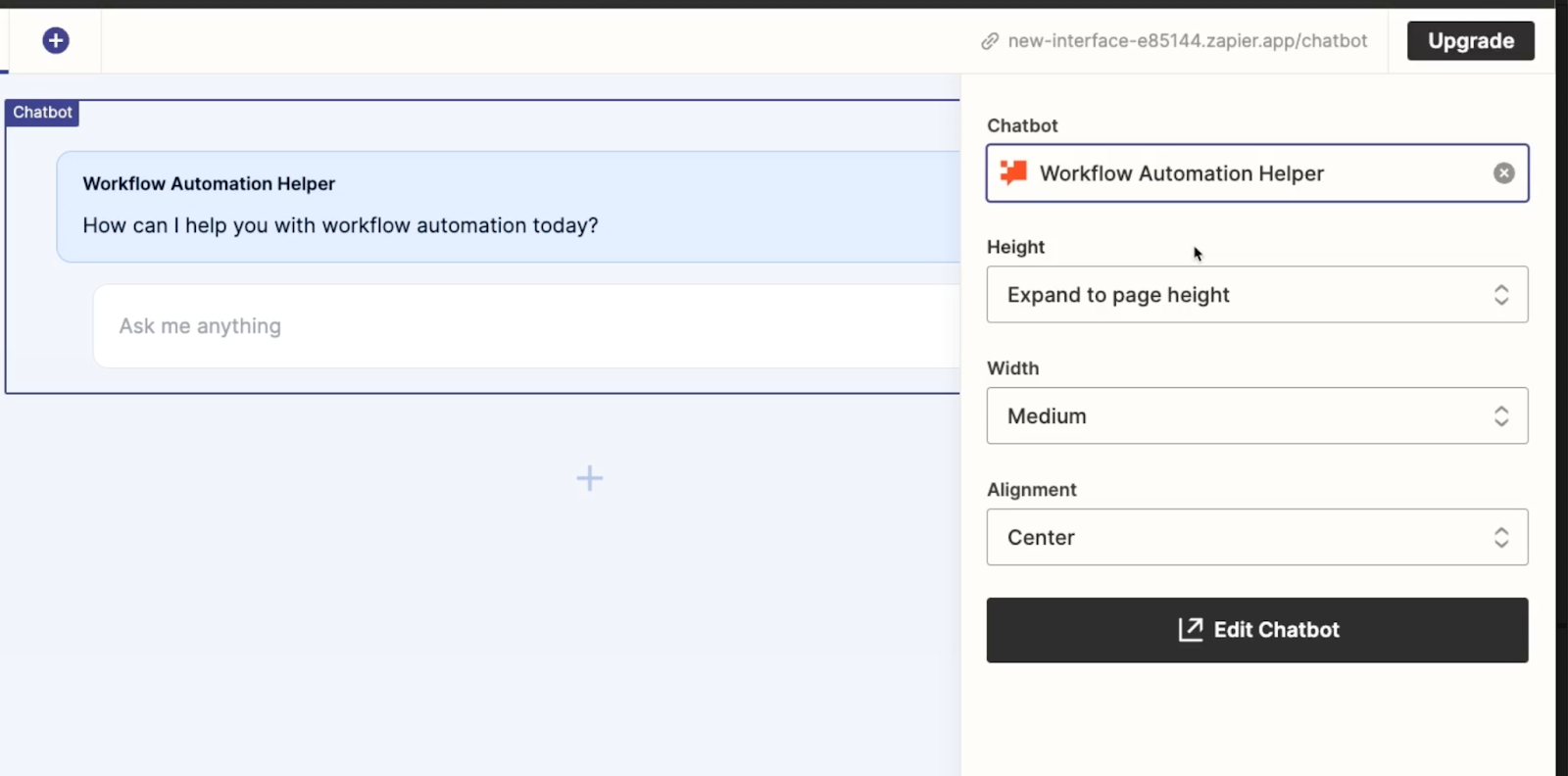 Display settings for a chatbot component