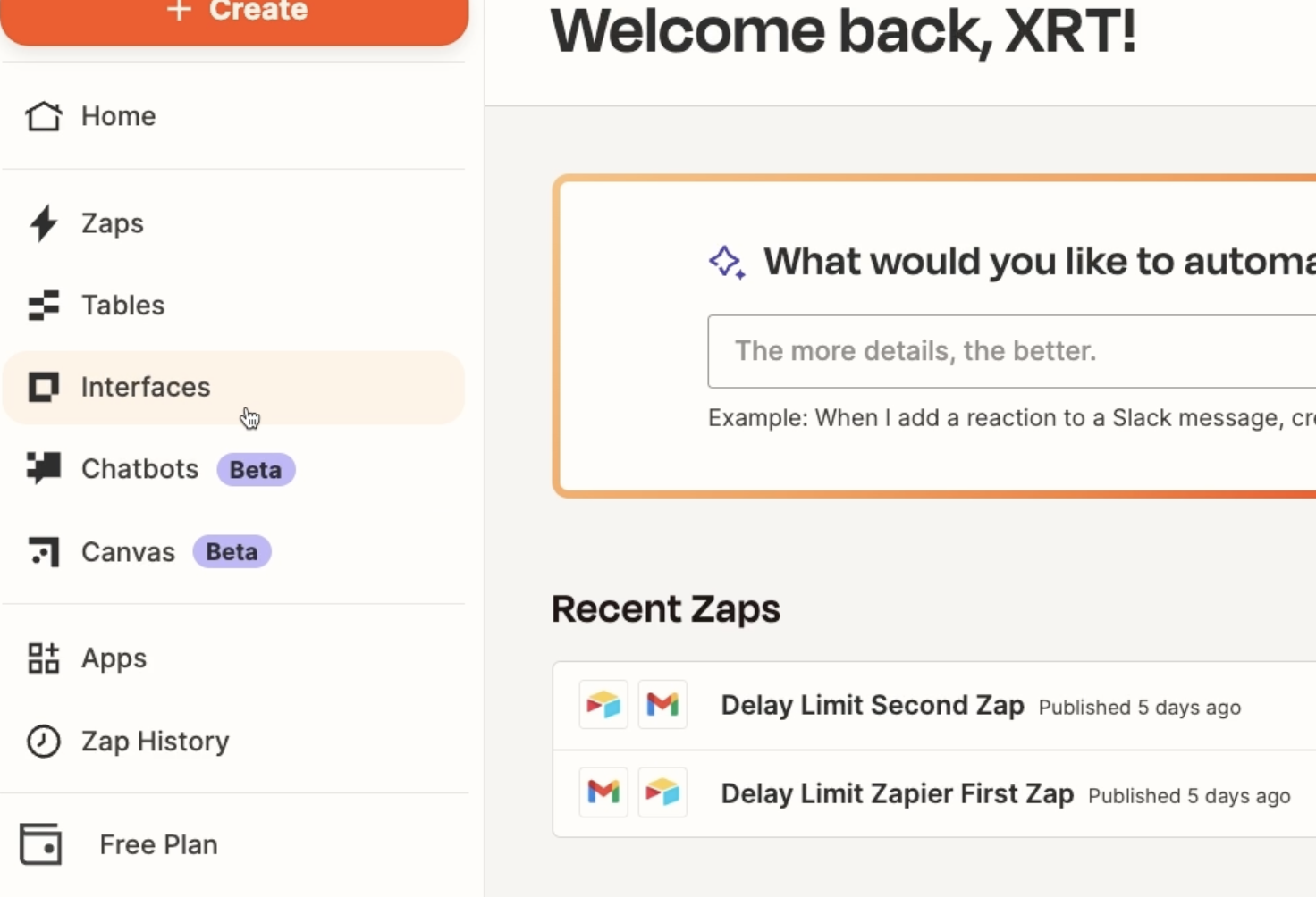 The interfaces option on the Zapier dashboard