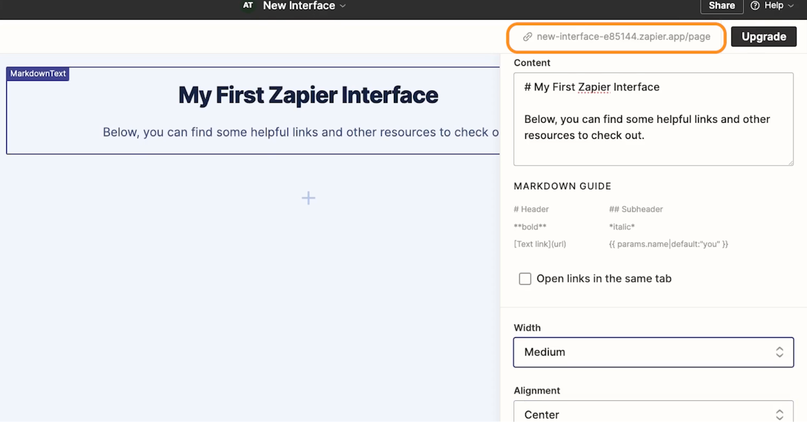 The published URL for a Zapier interface