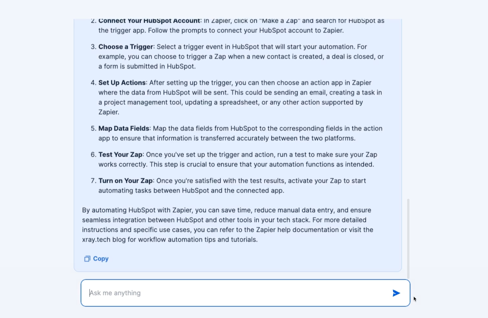 The chatbot's answer about automating hubspot