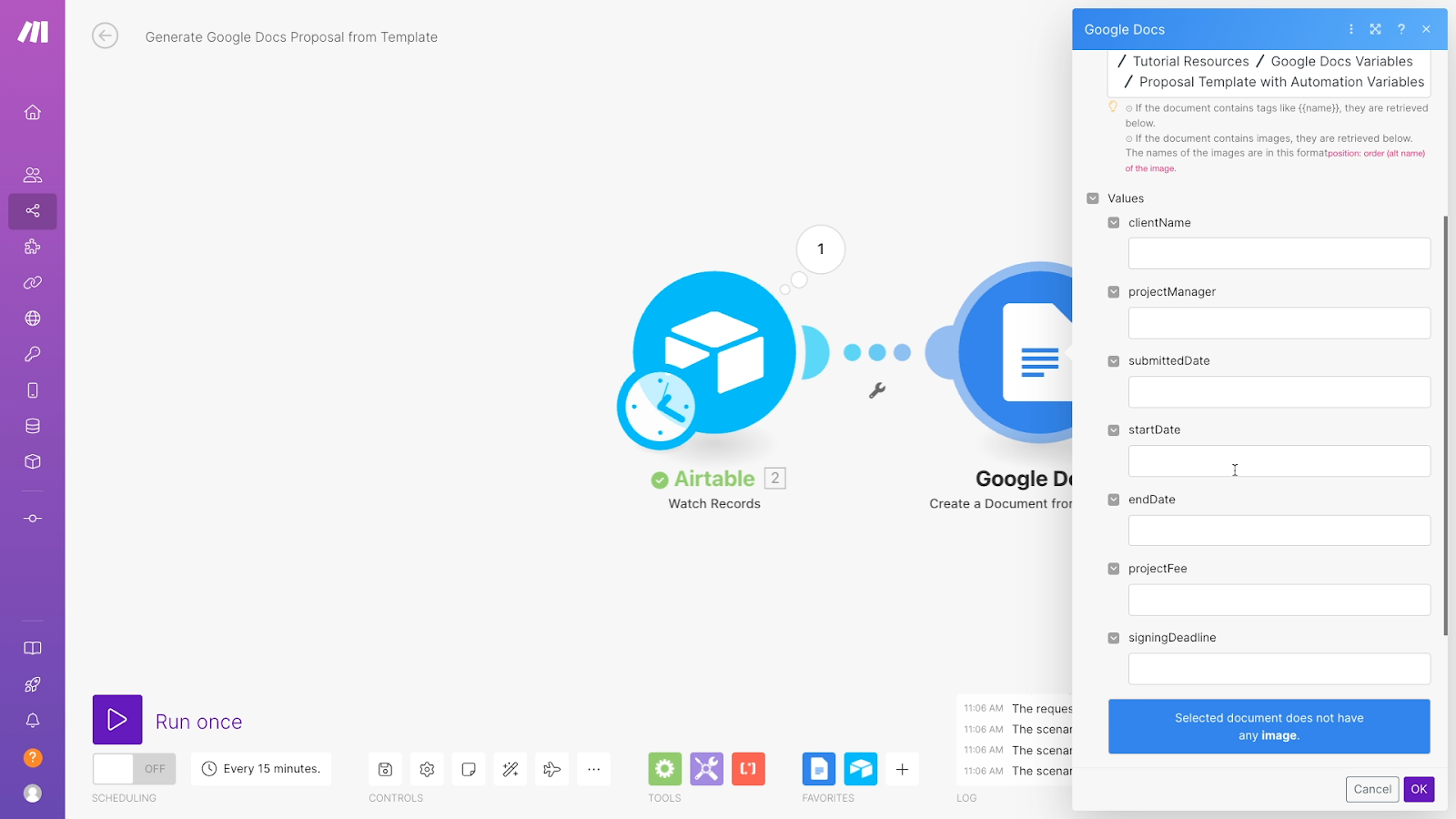 All Google docs variables retrieved by Make