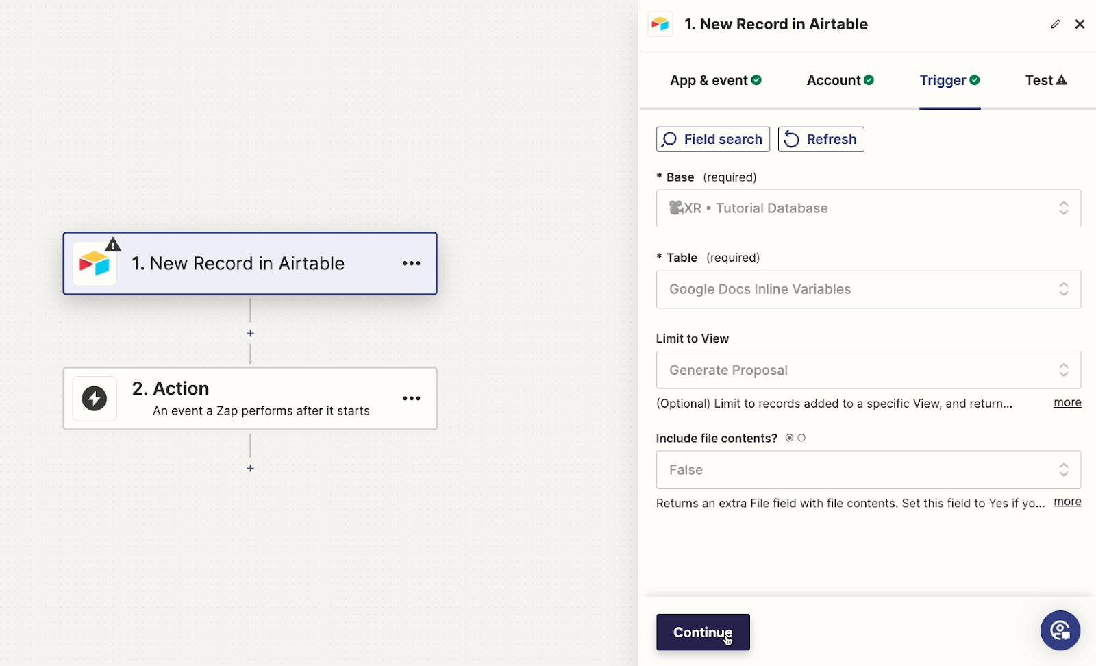 "New Record in Airtable" trigger configuration